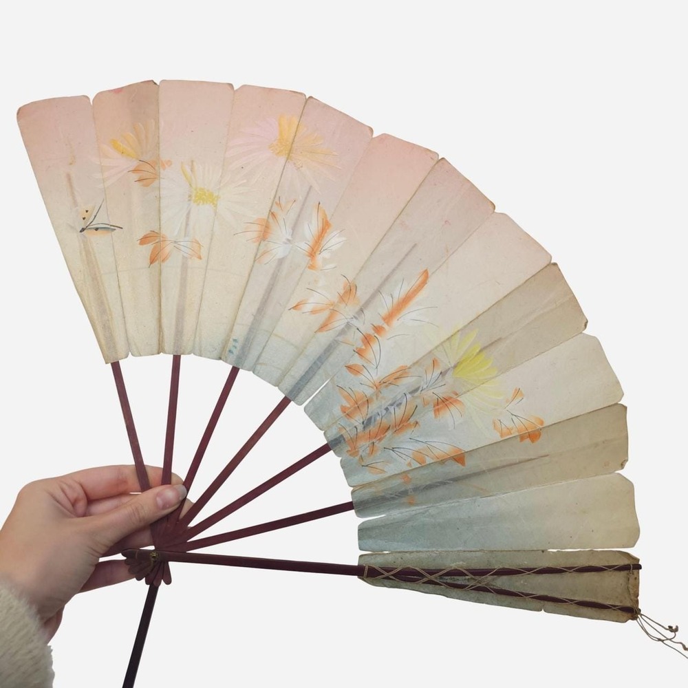 Antique Japanese Hand Fan w/ Hand Painted Floral Design & Butterfly Vintage
